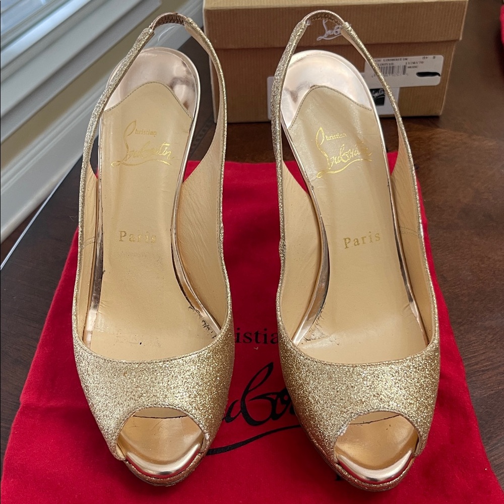 Christian Louboutin Yolanda Sling Glitter Heels - Beige